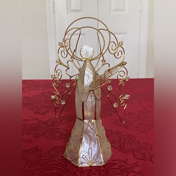 Vintage Capiz Shell Christmas Angel with Wings Playing Harp Gold Metal Crystals - Picture 3 of 16